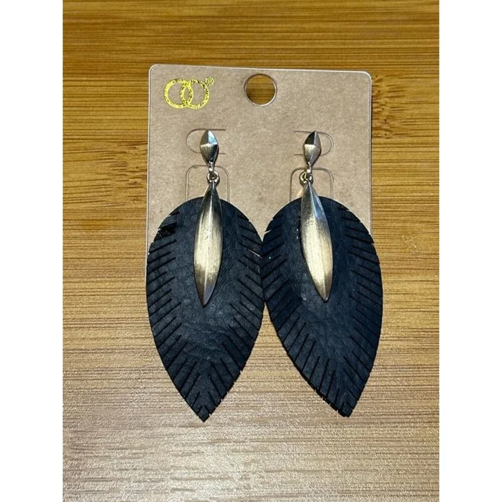 Black Feather Leaf Leather Drop Earrings Gold Marquise Accent Boho Style New